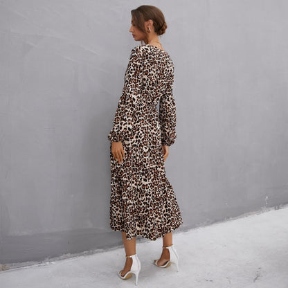 Leopard Print A-Line Midi Dress with V-Neck and Button Front