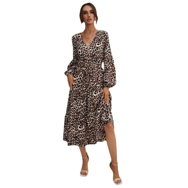 Leopard Print A-Line Midi Dress with V-Neck and Button Front