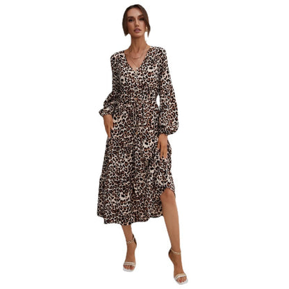 Leopard Print A-Line Midi Dress with V-Neck and Button Front