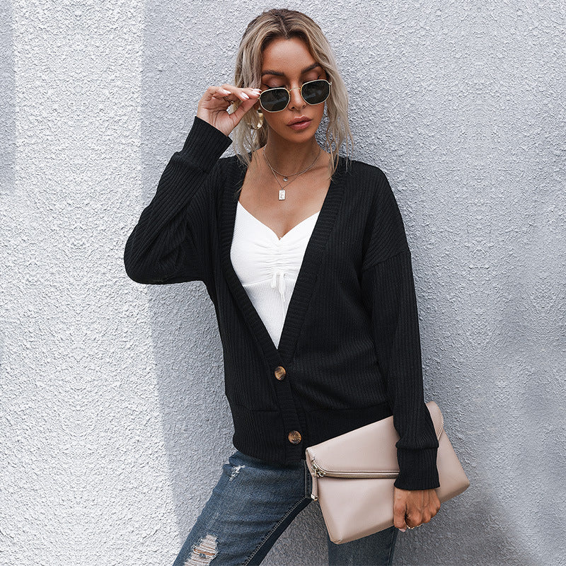 Loose Ribbed Knit Cardigan with Button Front and V-Neck