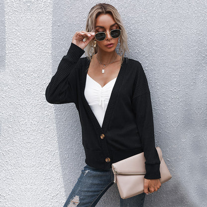 Loose Ribbed Knit Cardigan with Button Front and V-Neck