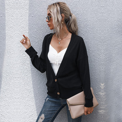 Loose Ribbed Knit Cardigan with Button Front and V-Neck