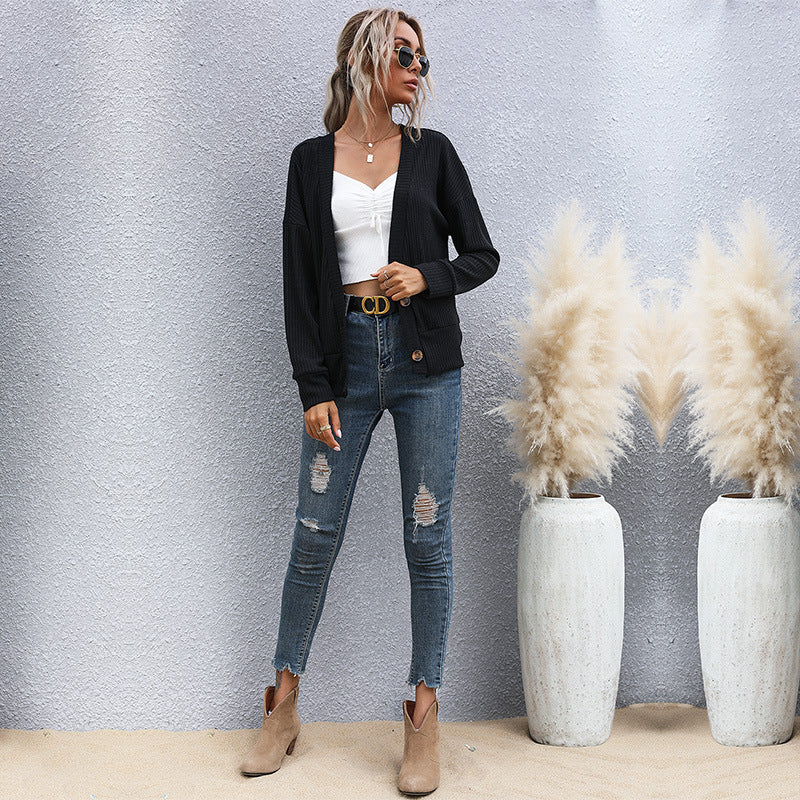 Loose Ribbed Knit Cardigan with Button Front and V-Neck