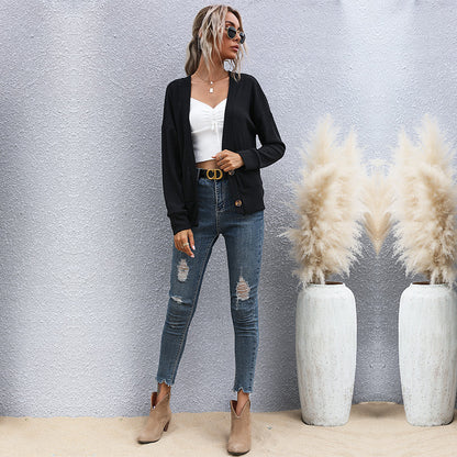 Loose Ribbed Knit Cardigan with Button Front and V-Neck