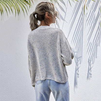 Loose V-Neck Knit Cardigan with Button Front and Patch Pockets