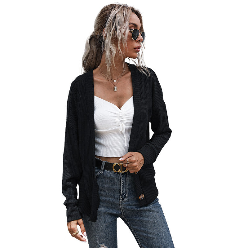 Loose Ribbed Knit Cardigan with Button Front and V-Neck