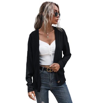 Loose Ribbed Knit Cardigan with Button Front and V-Neck