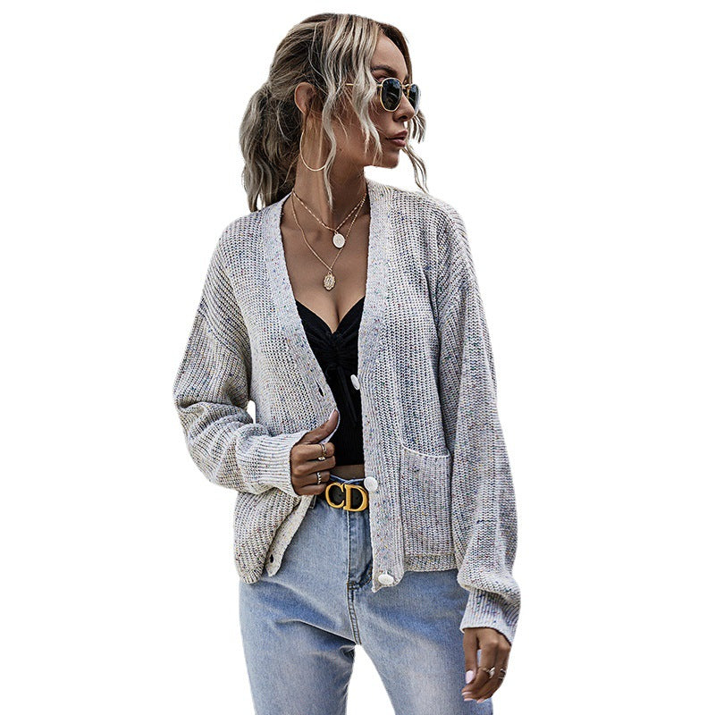 Loose V-Neck Knit Cardigan with Button Front and Patch Pockets