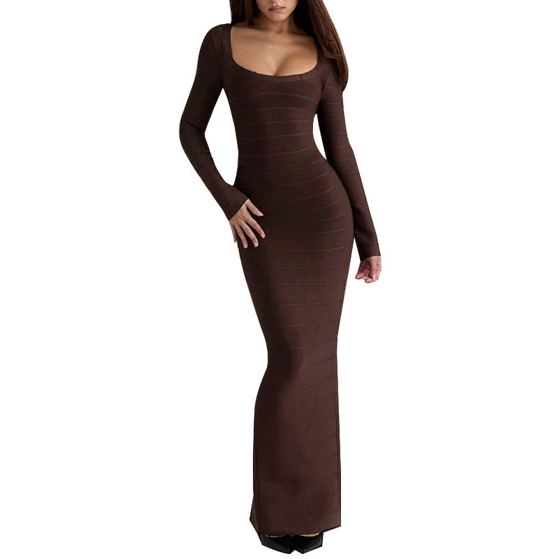 Off-Shoulder Long Sleeve Bandage Dress Solid Color Patchwork