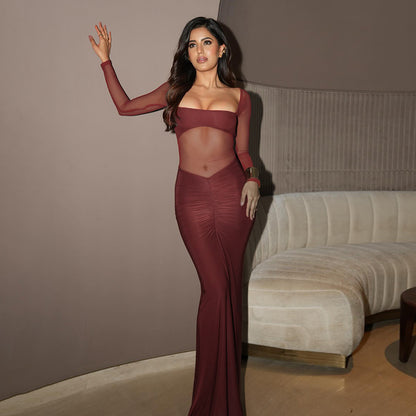 Ruched Bodycon Maxi Dress with Square Neck and Mesh Splicing