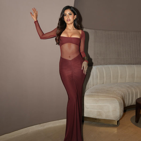 Ruched Bodycon Maxi Dress with Square Neck and Mesh Splicing