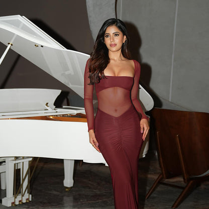 Ruched Bodycon Maxi Dress with Square Neck and Mesh Splicing