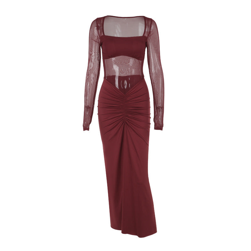 Ruched Bodycon Maxi Dress with Square Neck and Mesh Splicing