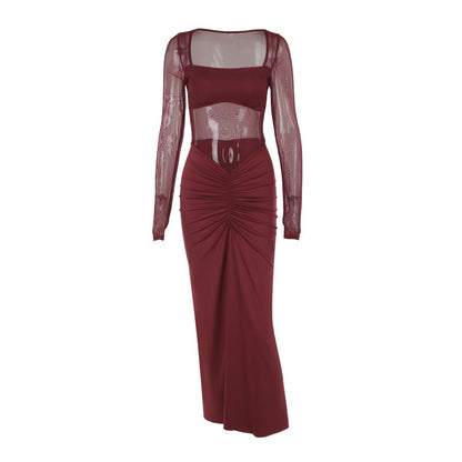 Ruched Bodycon Maxi Dress with Square Neck and Mesh Splicing