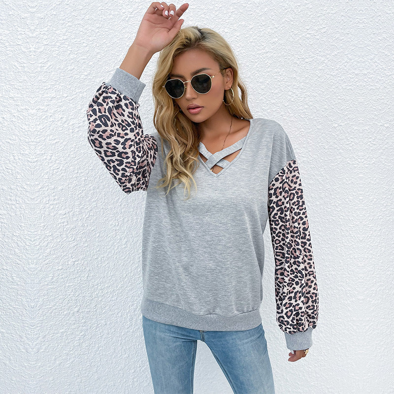 Leopard Print Patchwork Sweatshirt with Criss-Cross V-Neck