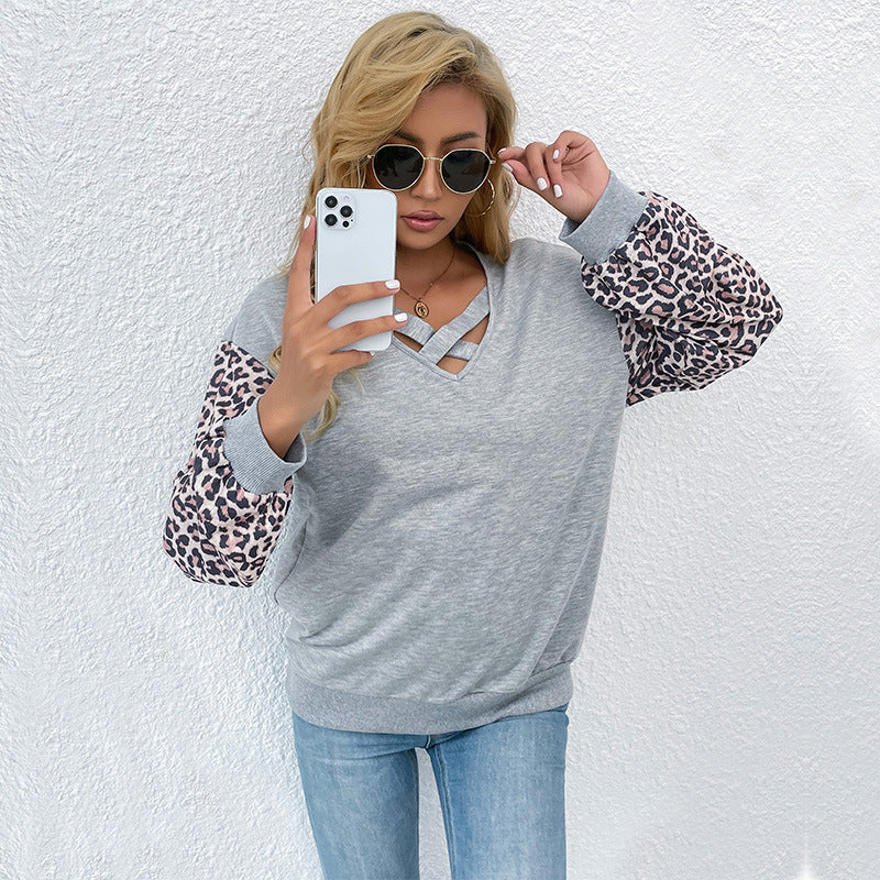 Leopard Print Patchwork Sweatshirt with Criss-Cross V-Neck