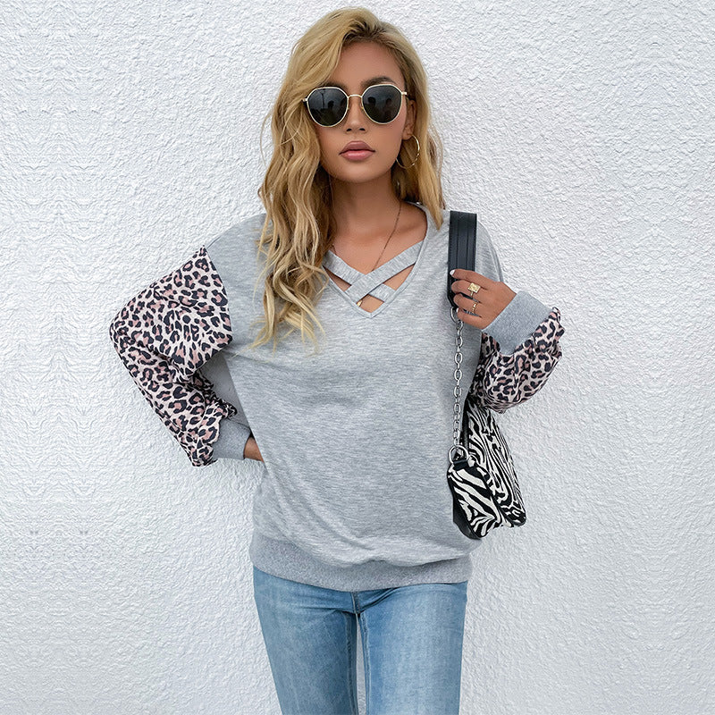 Leopard Print Patchwork Sweatshirt with Criss-Cross V-Neck
