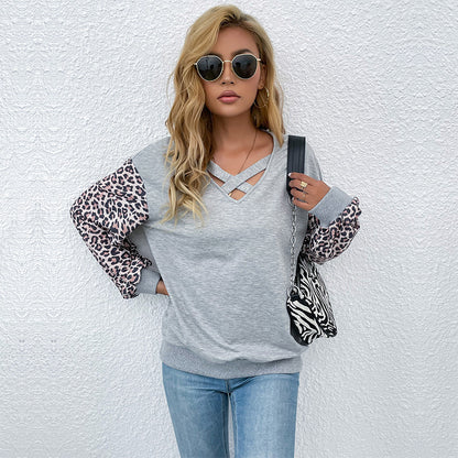 Leopard Print Patchwork Sweatshirt with Criss-Cross V-Neck