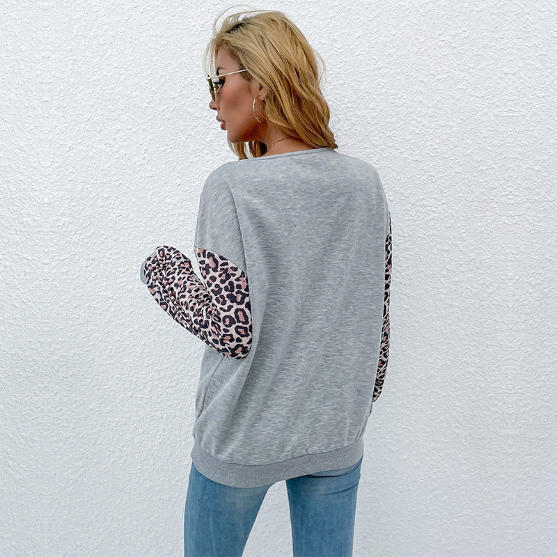 Leopard Print Patchwork Sweatshirt with Criss-Cross V-Neck