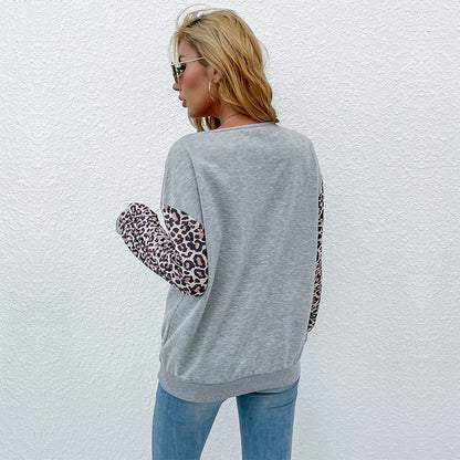Leopard Print Patchwork Sweatshirt with Criss-Cross V-Neck
