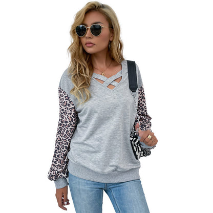 Leopard Print Patchwork Sweatshirt with Criss-Cross V-Neck