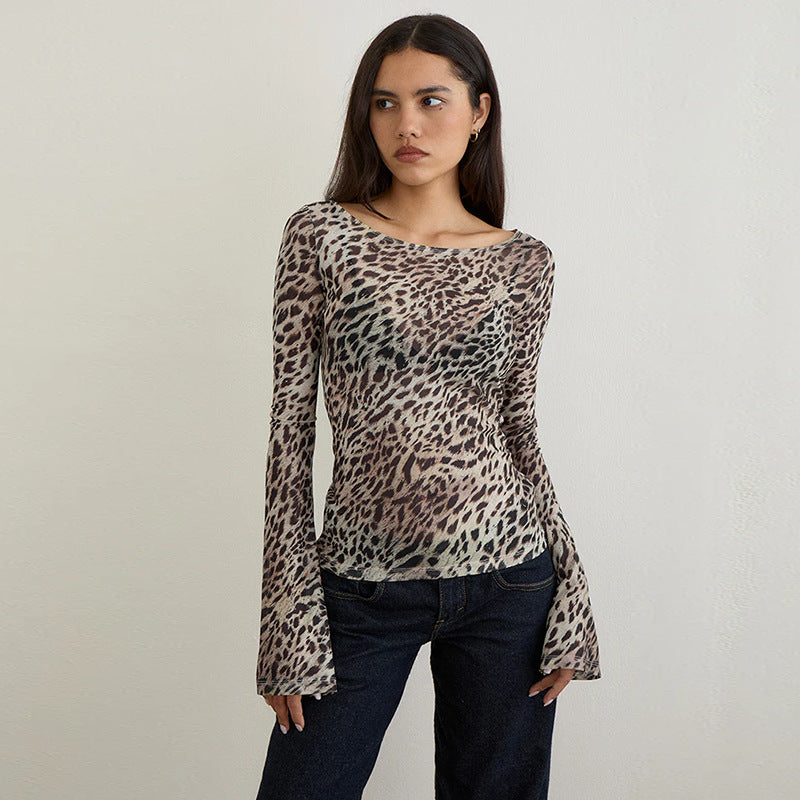 Leopard Print Mesh Top with Flared Sleeves and Round Neck