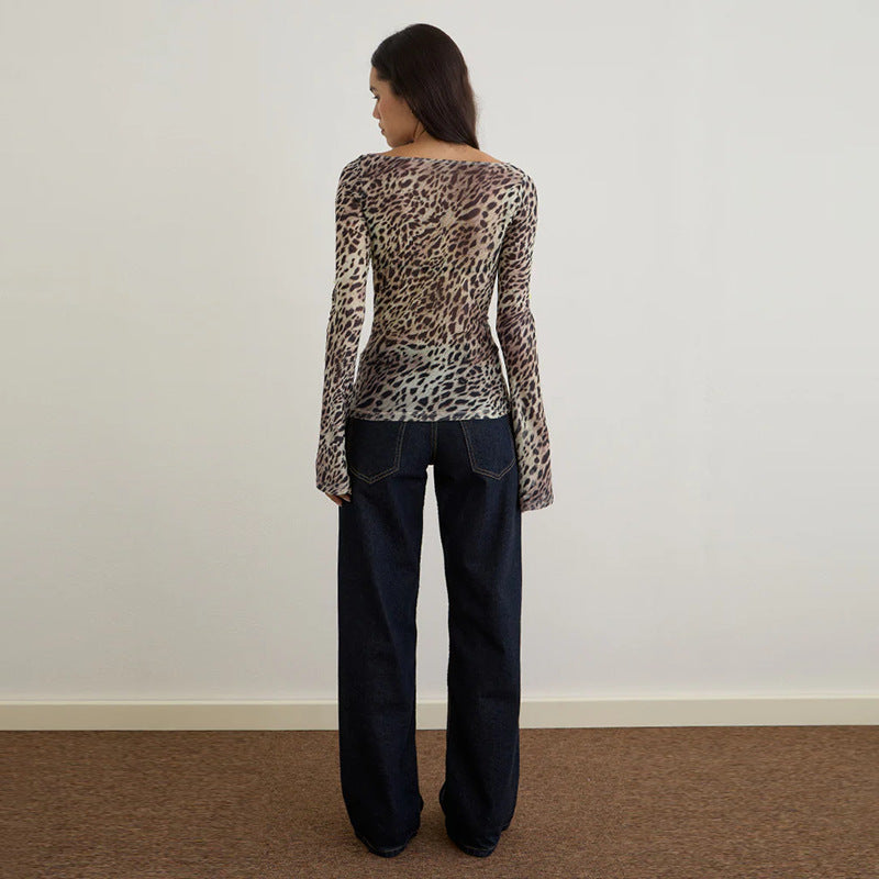 Leopard Print Mesh Top with Flared Sleeves and Round Neck