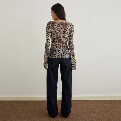 Leopard Print Mesh Top with Flared Sleeves and Round Neck