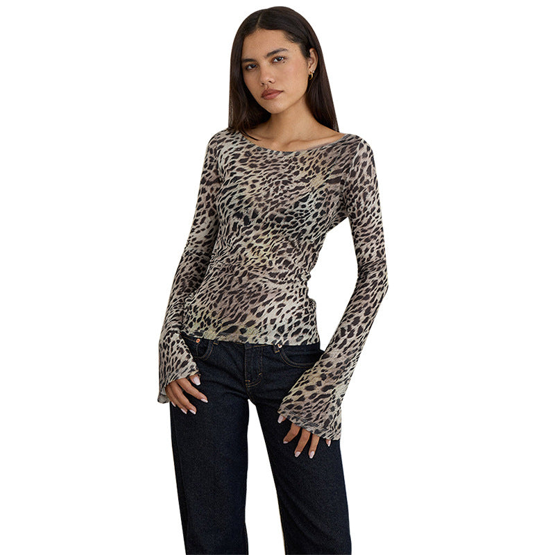 Leopard Print Mesh Top with Flared Sleeves and Round Neck