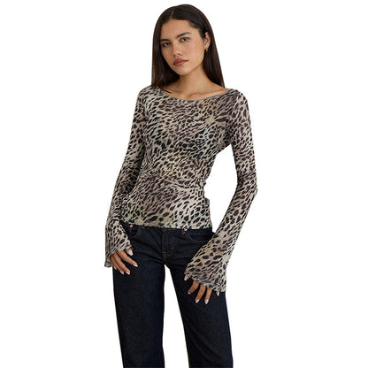 Leopard Print Mesh Top with Flared Sleeves and Round Neck