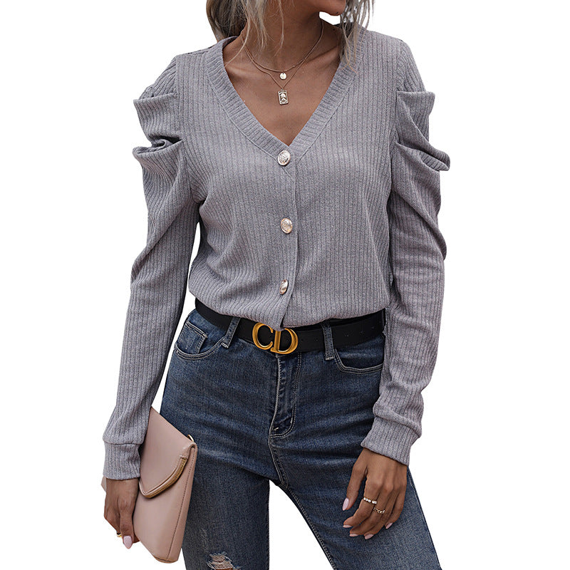 Ribbed Slim-Fit Cardigan with V-Neck and Pile Sleeves