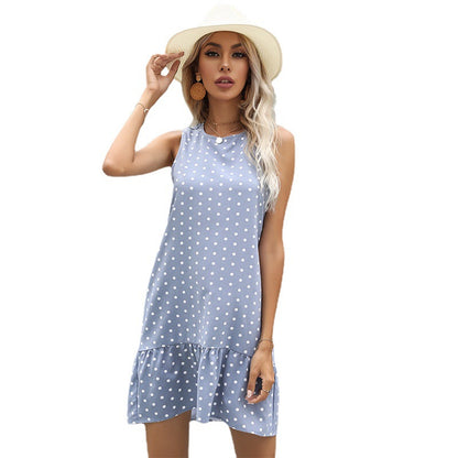 Polka Dot Sleeveless Shift Dress with Ruffled Hem