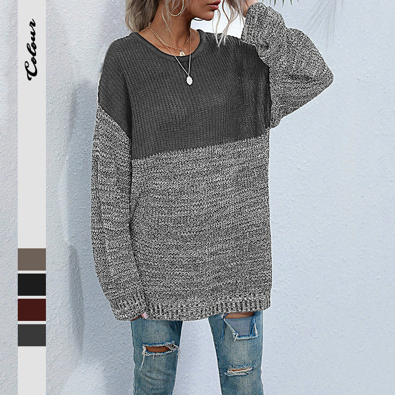 Oversized Color-Block Knit Sweater with Crewneck