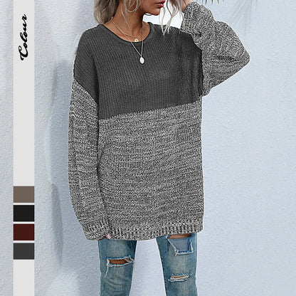 Oversized Color-Block Knit Sweater with Crewneck