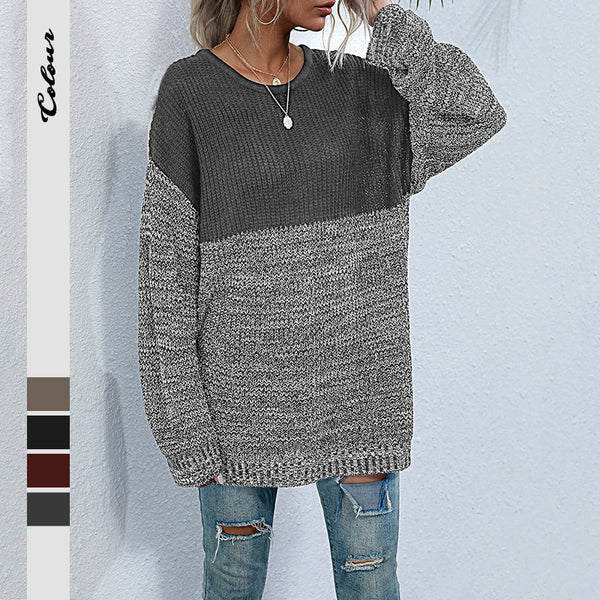Oversized Color-Block Knit Sweater with Crewneck