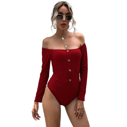 Off-the-Shoulder Ribbed Bodysuit with Button-Front Detail