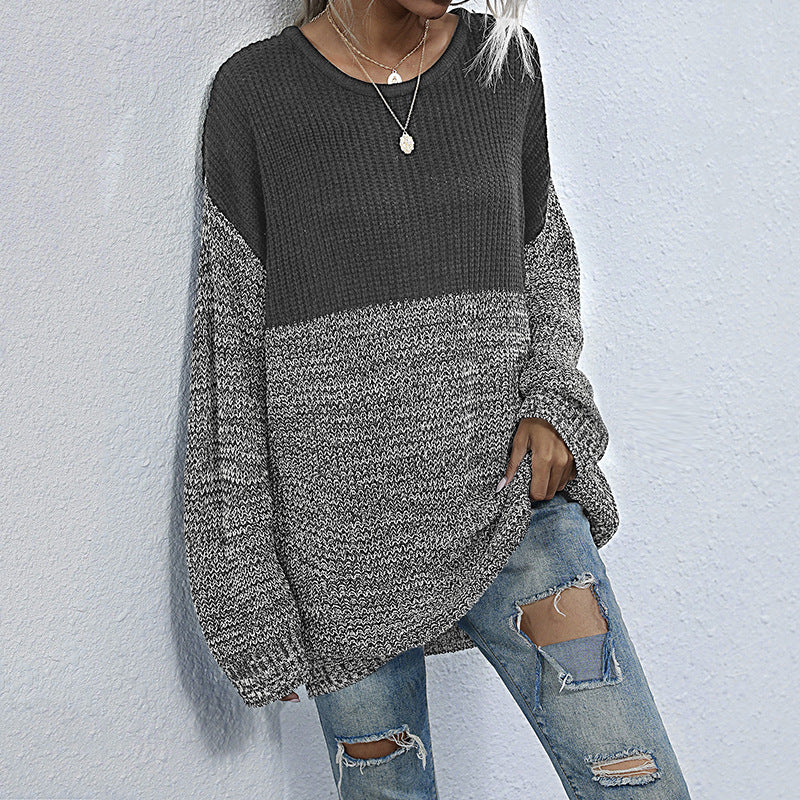 Oversized Color-Block Knit Sweater with Crewneck
