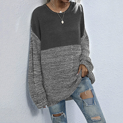Oversized Color-Block Knit Sweater with Crewneck