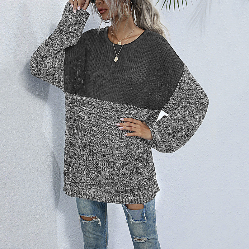 Oversized Color-Block Knit Sweater with Crewneck