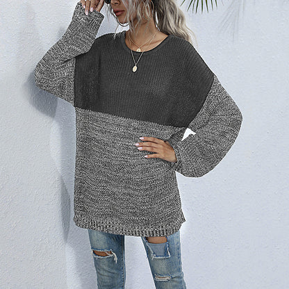 Oversized Color-Block Knit Sweater with Crewneck