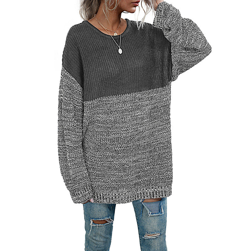 Oversized Color-Block Knit Sweater with Crewneck