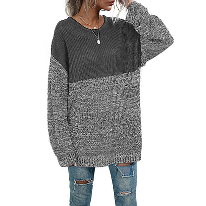 Oversized Color-Block Knit Sweater with Crewneck
