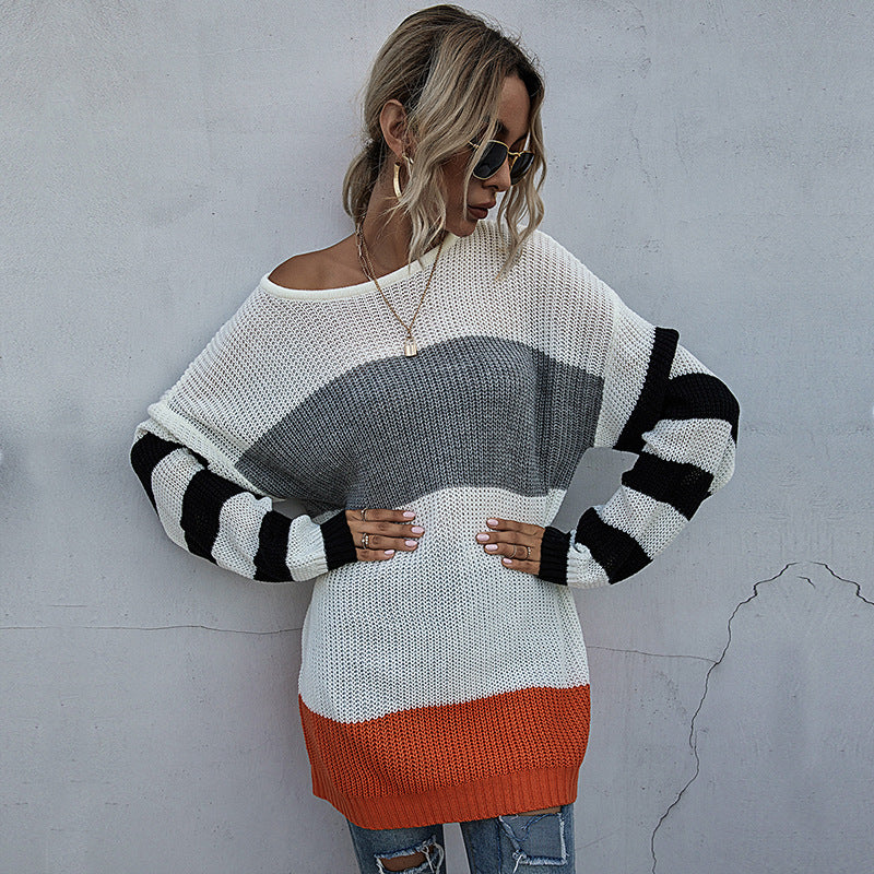 Oversized Color-Block Knit Pullover with Striped Sleeves