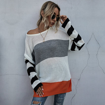 Oversized Color-Block Knit Pullover with Striped Sleeves