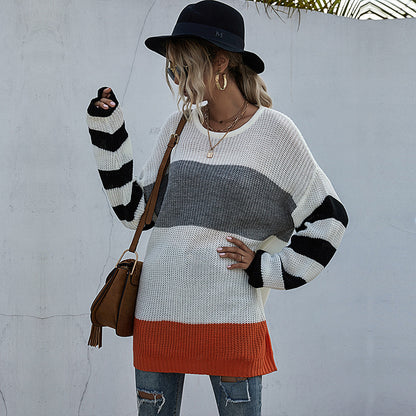 Oversized Color-Block Knit Pullover with Striped Sleeves