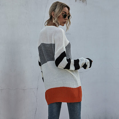 Oversized Color-Block Knit Pullover with Striped Sleeves