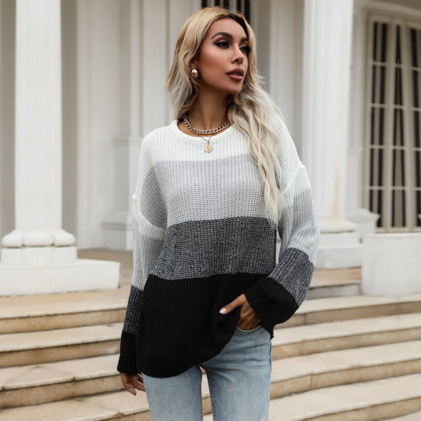 Loose Color-Block Knit Pullover with Crewneck and Long Sleeves
