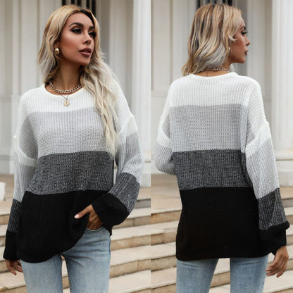 Loose Color-Block Knit Pullover with Crewneck and Long Sleeves