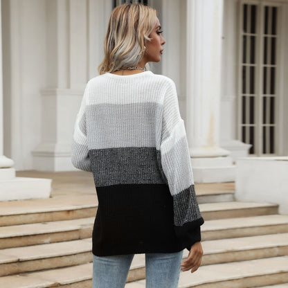 Loose Color-Block Knit Pullover with Crewneck and Long Sleeves