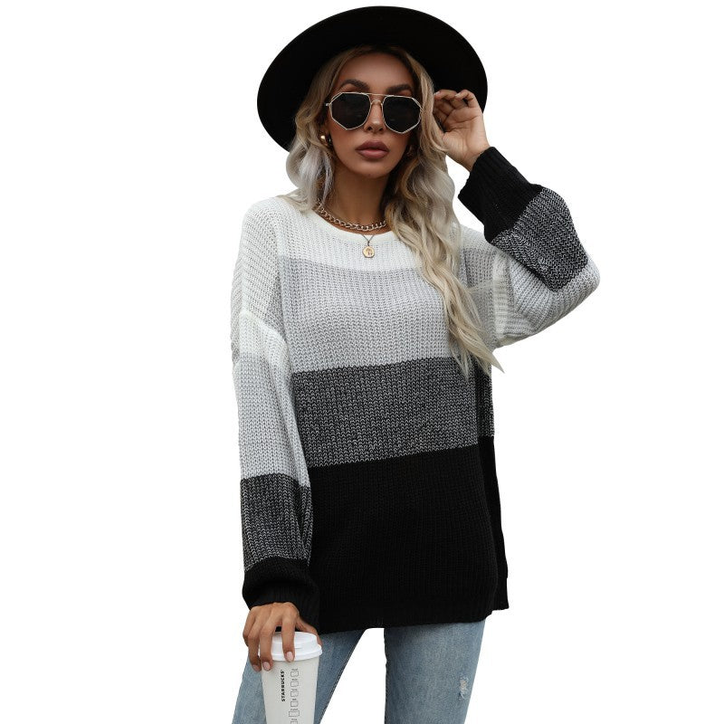 Loose Color-Block Knit Pullover with Crewneck and Long Sleeves